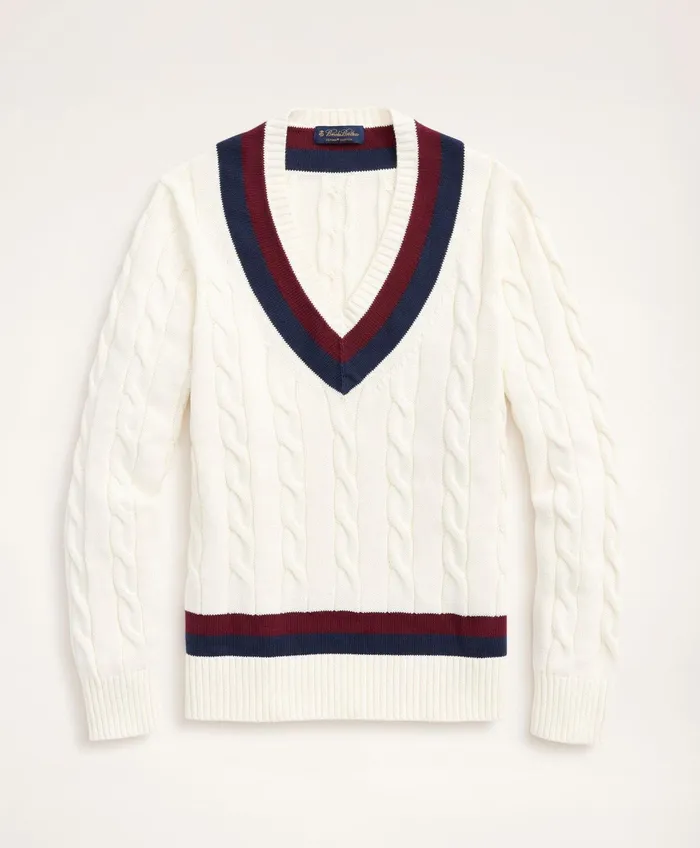 Men Supima Cotton Cable Tennis Sweater Ivory Brooks Brothers Sweaters