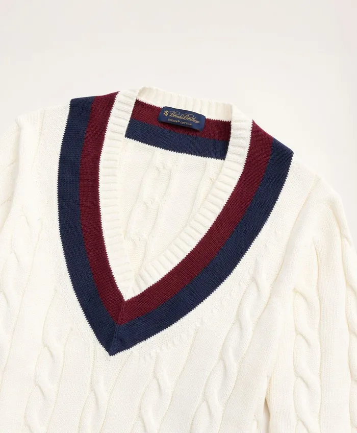 Men Supima Cotton Cable Tennis Sweater Ivory Brooks Brothers Sweaters