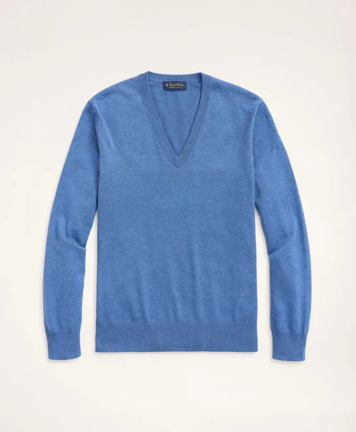 Men Supima Cotton VNeck Sweater Dark Blue Heather Brooks Brothers Sweaters