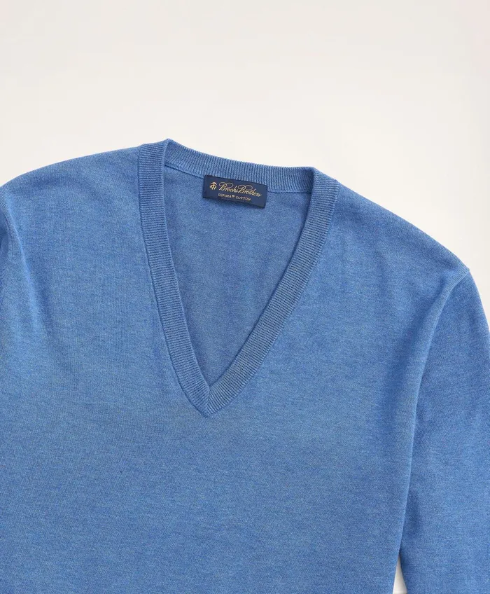 Men Supima Cotton VNeck Sweater Dark Blue Heather Brooks Brothers Sweaters