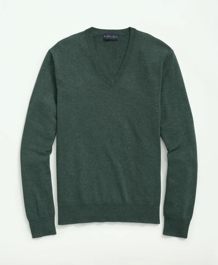 Men Supima Cotton VNeck Sweater Dark Green Heather Brooks Brothers Sweaters