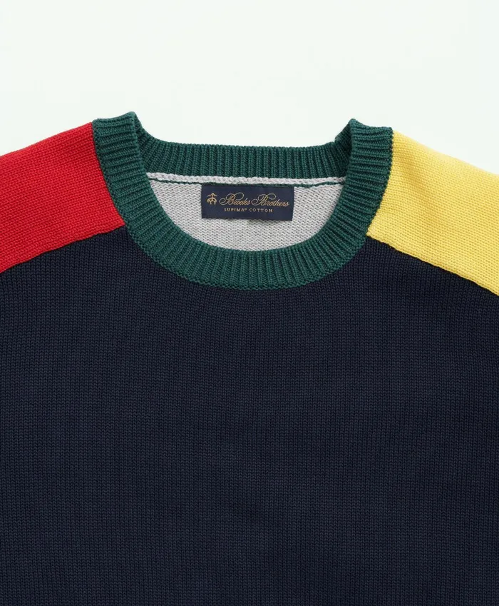 Men Supima Crewneck ColorBlock Fun Sweater Navy Multi Brooks Brothers Sweaters