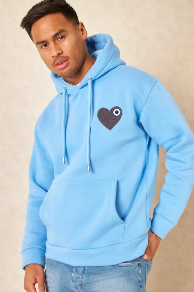 Men Sweat Capuche Coeur Brod Bleu Clair Blue Brentiny Paris Sweatshirts and Pullovers