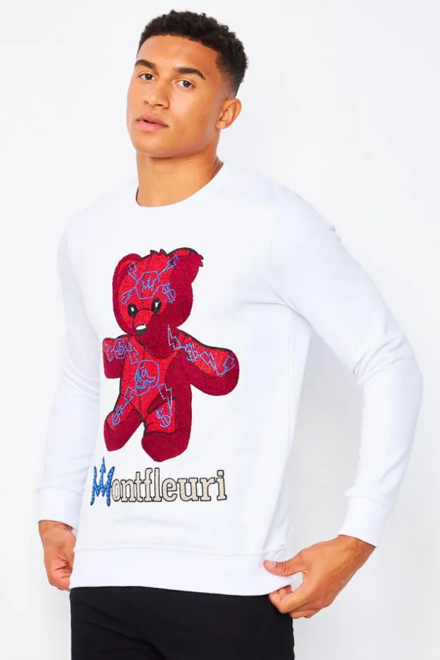 Men Sweatshirt In White With Teddy Graphic In Red Rhinestones White Brentiny Paris Sweatshirts and Pullovers Men Sweatshirt In White With Teddy Graphic In Red Rhinestones White Brentiny Paris Sweatshirts and Pullovers