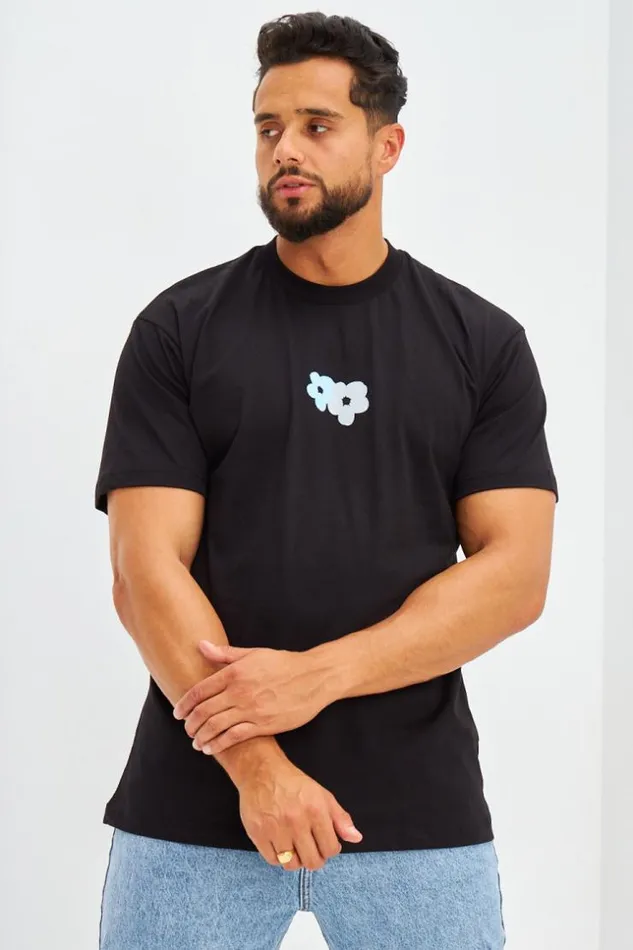 Men TShirt Floqu Fleurs Avant Et Arrire Noir Black Brentiny Paris TShirts