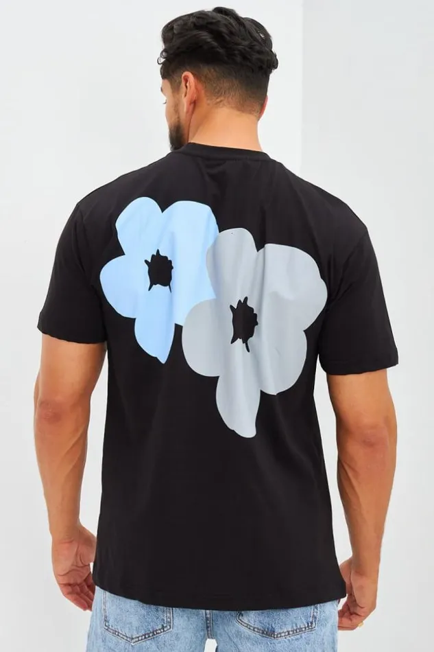 Men TShirt Floqu Fleurs Avant Et Arrire Noir Black Brentiny Paris TShirts