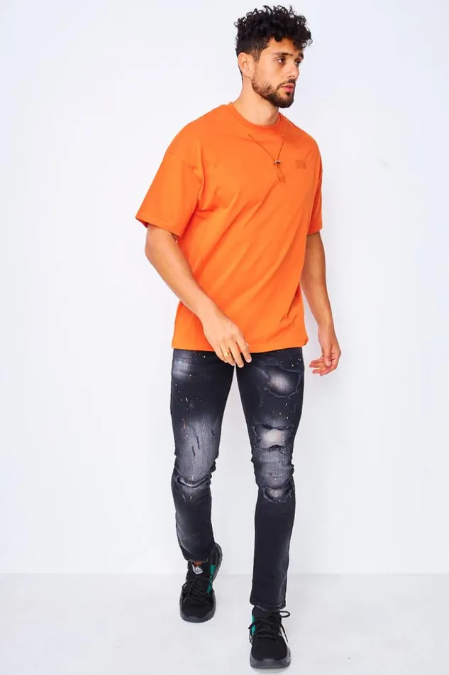 Men TShirt With Drawstring Collar In Orange Orange Brentiny Paris TShirts