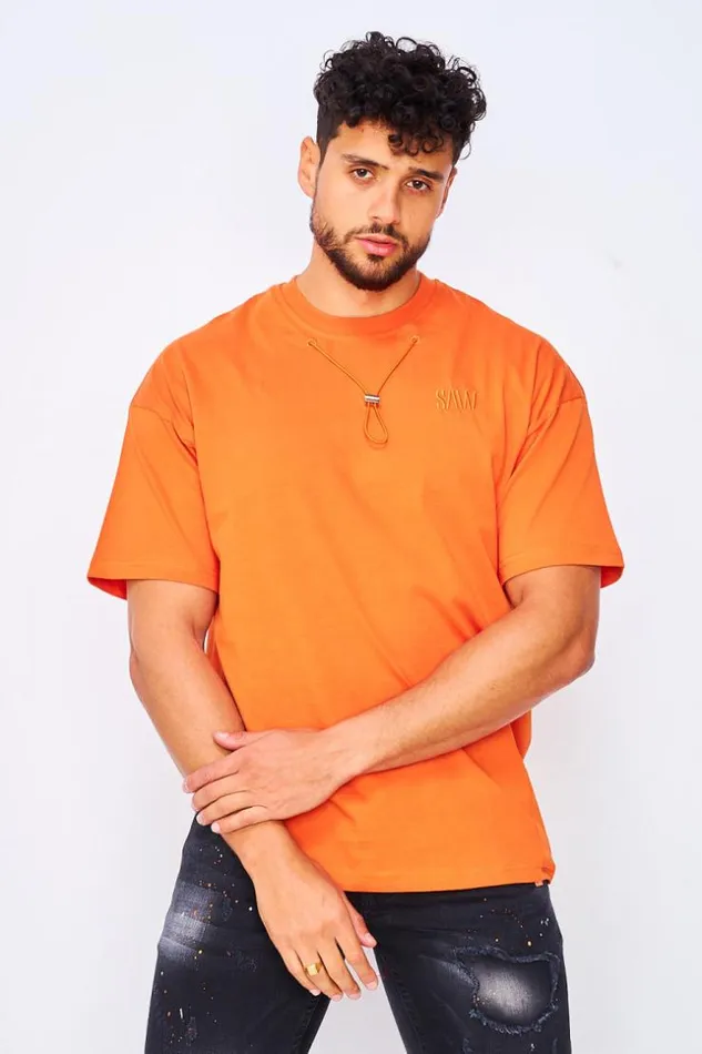 Men TShirt With Drawstring Collar In Orange Orange Brentiny Paris TShirts