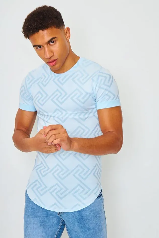 Men TShirt With Greek Print In Sky Blue Blue Brentiny Paris TShirts