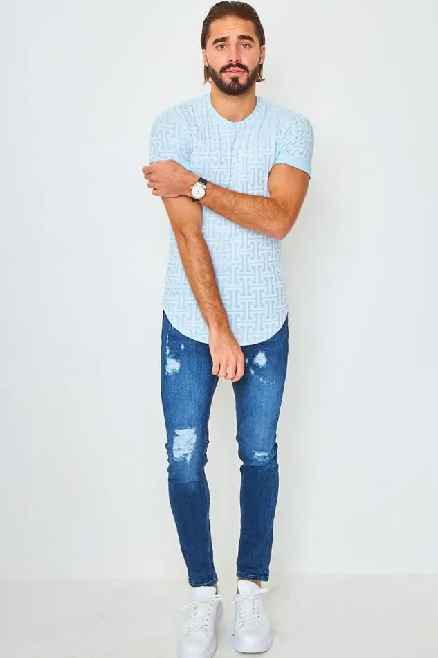 Men TShirt With Greek Print In Sky Blue Blue Brentiny Paris TShirts