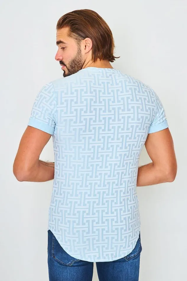 Men TShirt With Greek Print In Sky Blue Blue Brentiny Paris TShirts