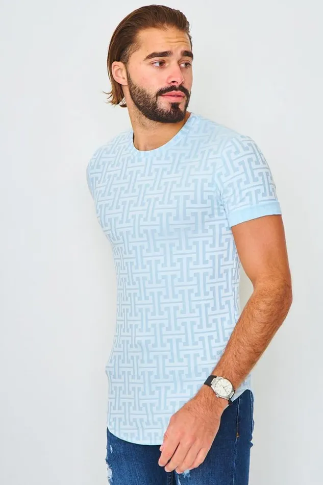 Men TShirt With Greek Print In Sky Blue Blue Brentiny Paris TShirts