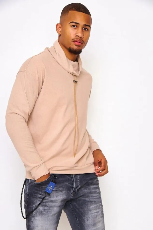 Men Velvet Pullover With An Adjustable Collar In Beige Beige Brentiny Paris Sweatshirts and Pullovers
