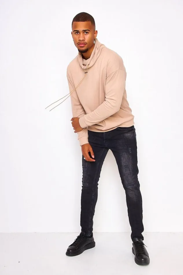 Men Velvet Pullover With An Adjustable Collar In Beige Beige Brentiny Paris Sweatshirts and Pullovers