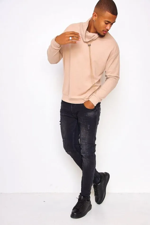 Men Velvet Pullover With An Adjustable Collar In Beige Beige Brentiny Paris Sweatshirts and Pullovers
