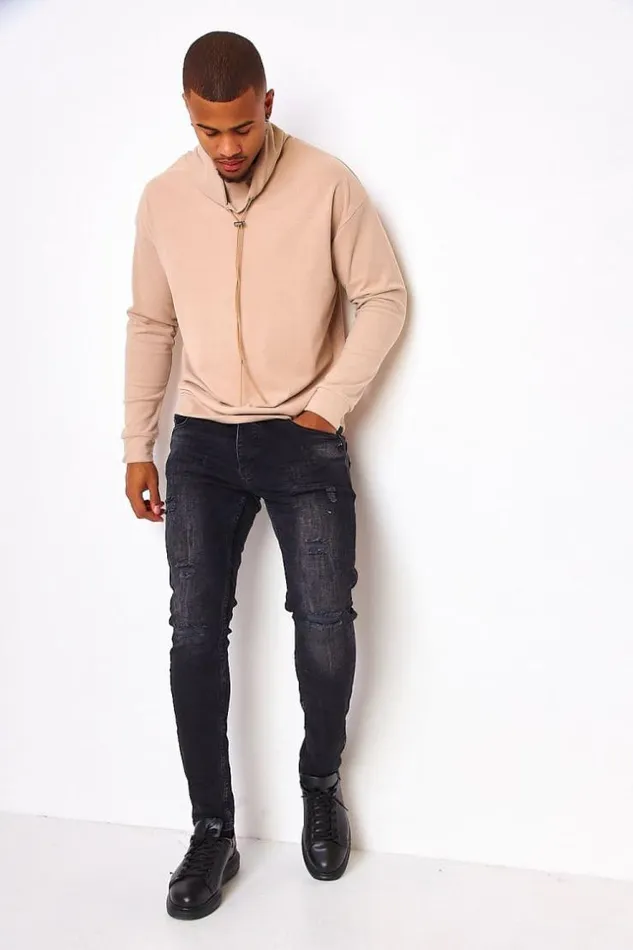Men Velvet Pullover With An Adjustable Collar In Beige Beige Brentiny Paris Sweatshirts and Pullovers