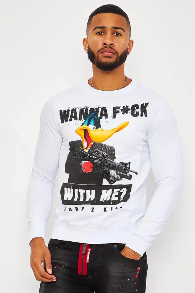 Men Wanna FUck With Me Sweatshirt With Graphic Print In Rhinestone In White White Brentiny Paris Sweatshirts and Pullovers Men Wanna FUck With Me Sweatshirt With Graphic Print In Rhinestone In White White Brentiny Paris Sweatshirts and Pullovers