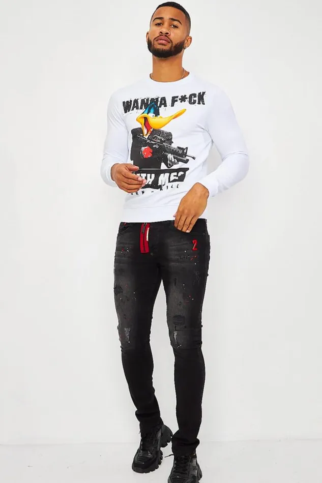 Men Wanna FUck With Me Sweatshirt With Graphic Print In Rhinestone In White White Brentiny Paris Sweatshirts and Pullovers