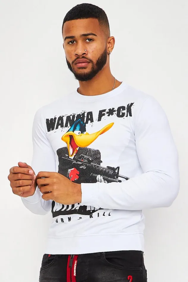 Men Wanna FUck With Me Sweatshirt With Graphic Print In Rhinestone In White White Brentiny Paris Sweatshirts and Pullovers