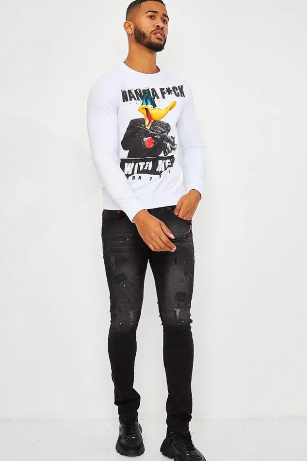 Men Wanna FUck With Me Sweatshirt With Graphic Print In Rhinestone In White White Brentiny Paris Sweatshirts and Pullovers