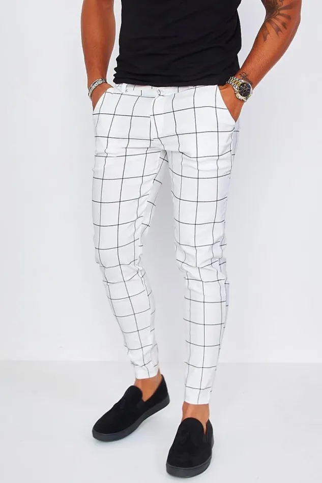 Men White Check Pleated Trousers White Brentiny Paris Pants