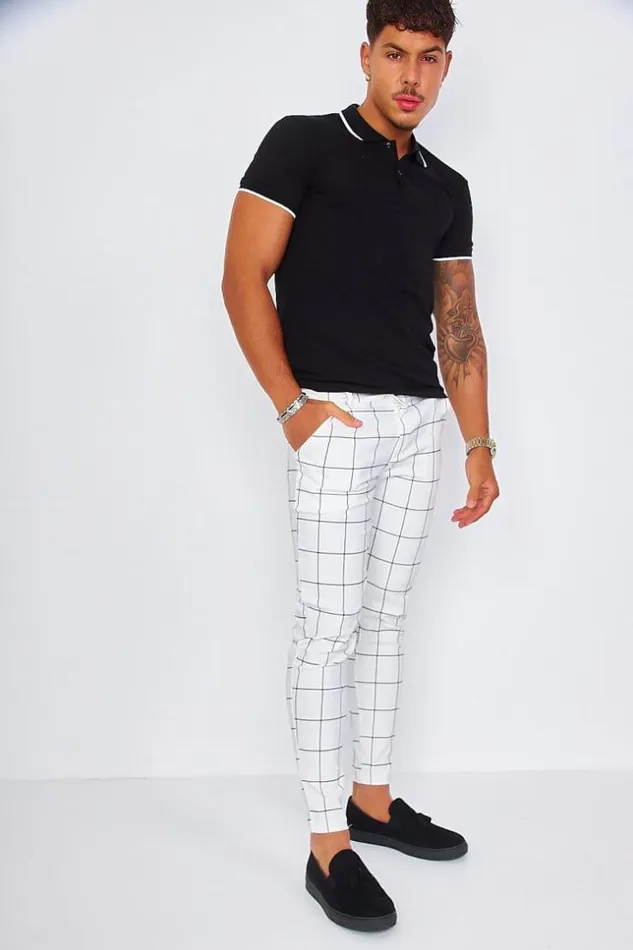 Men White Check Pleated Trousers White Brentiny Paris Pants