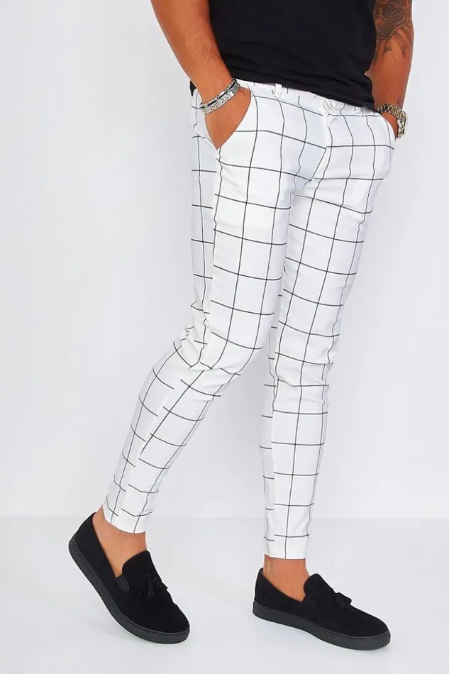 Men White Check Pleated Trousers White Brentiny Paris Pants