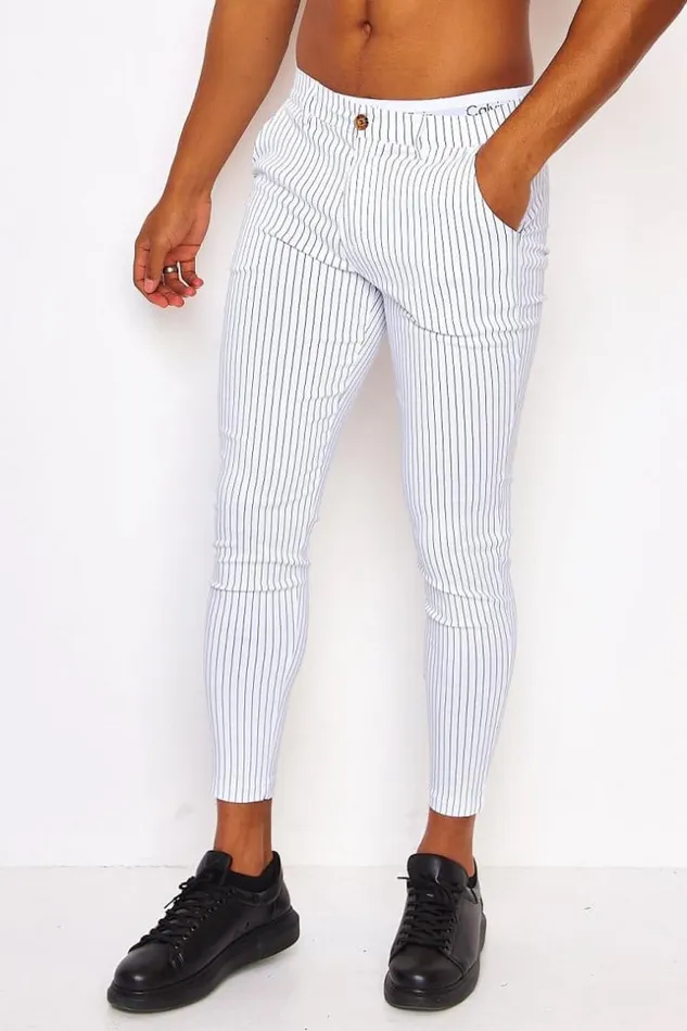 Men White Chinos With Black Stripes White Brentiny Paris Pants