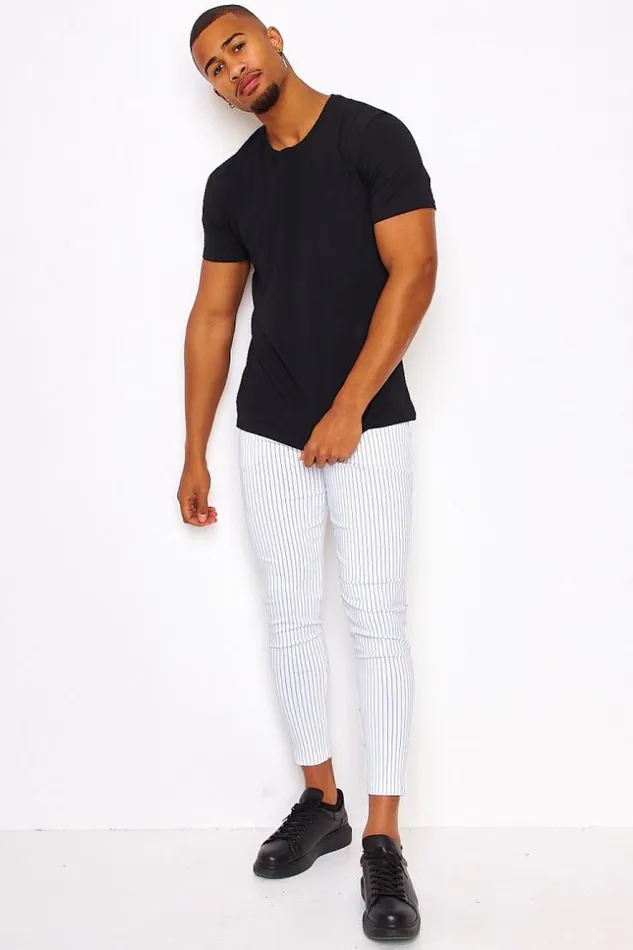 Men White Chinos With Black Stripes White Brentiny Paris Pants