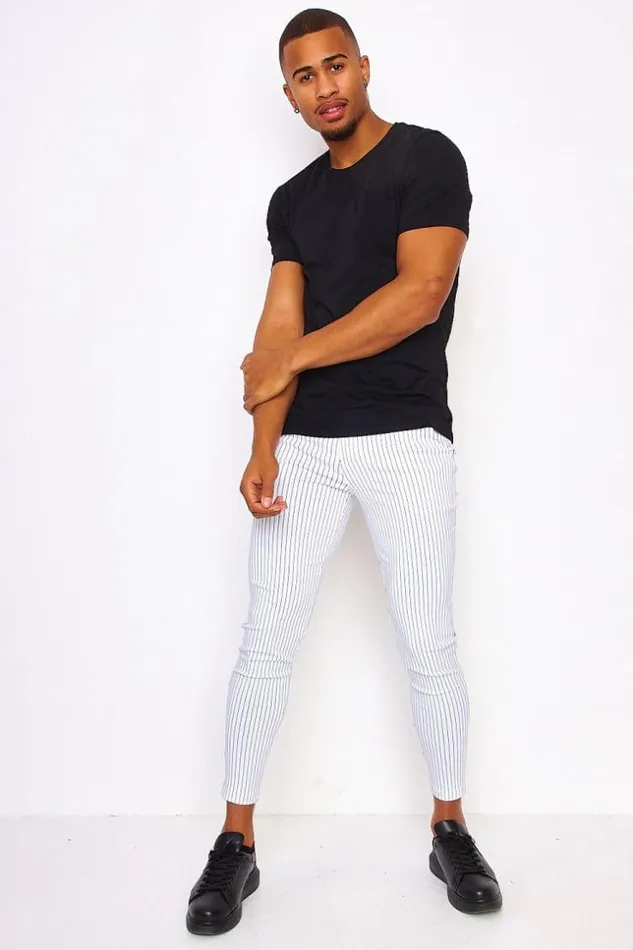 Men White Chinos With Black Stripes White Brentiny Paris Pants