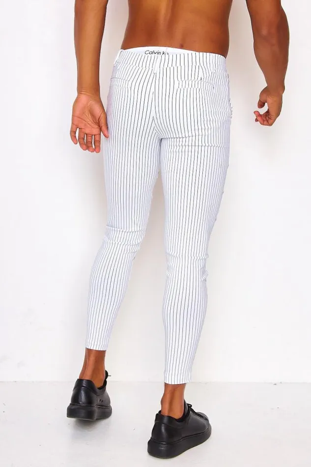Men White Chinos With Black Stripes White Brentiny Paris Pants