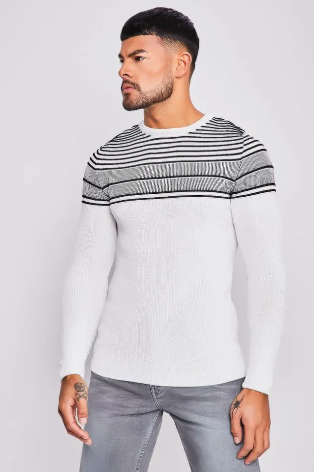 Men White Knit Sweater With Black Embossed Stripes White Brentiny Paris Sweatshirts and Pullovers Men White Knit Sweater With Black Embossed Stripes White Brentiny Paris Sweatshirts and Pullovers
