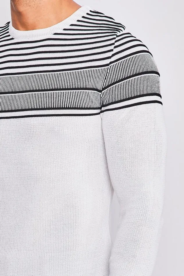 Men White Knit Sweater With Black Embossed Stripes White Brentiny Paris Sweatshirts and Pullovers