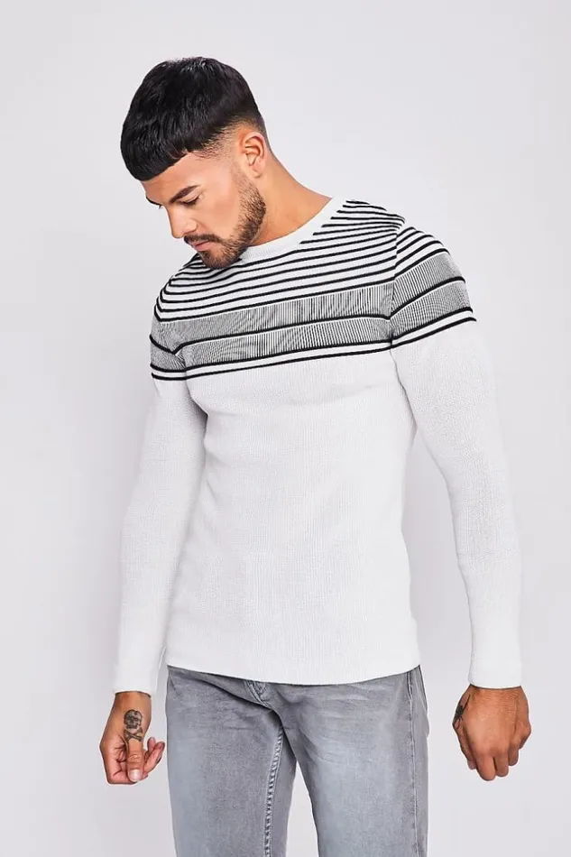 Men White Knit Sweater With Black Embossed Stripes White Brentiny Paris Sweatshirts and Pullovers