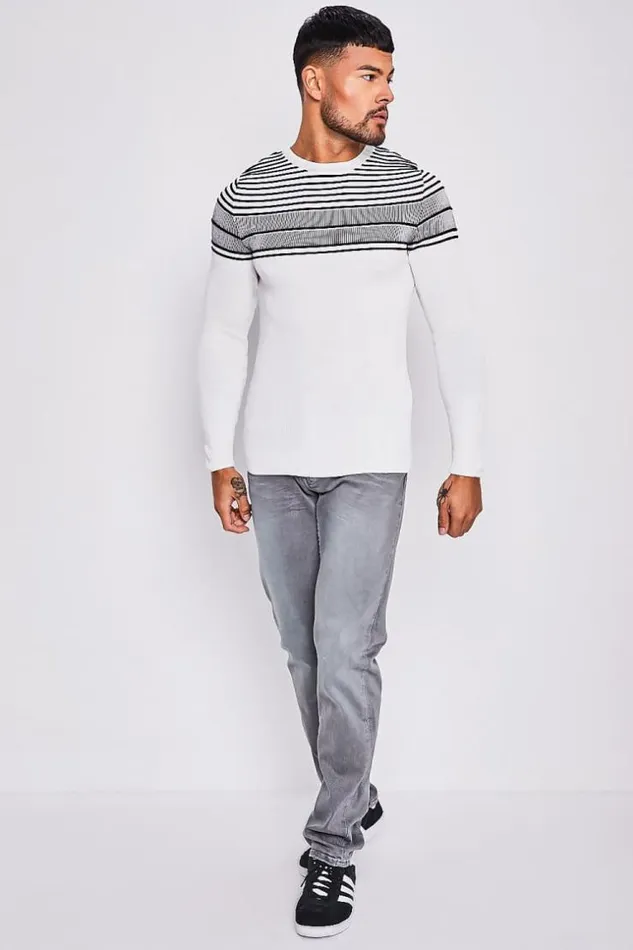 Men White Knit Sweater With Black Embossed Stripes White Brentiny Paris Sweatshirts and Pullovers
