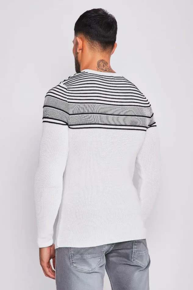 Men White Knit Sweater With Black Embossed Stripes White Brentiny Paris Sweatshirts and Pullovers