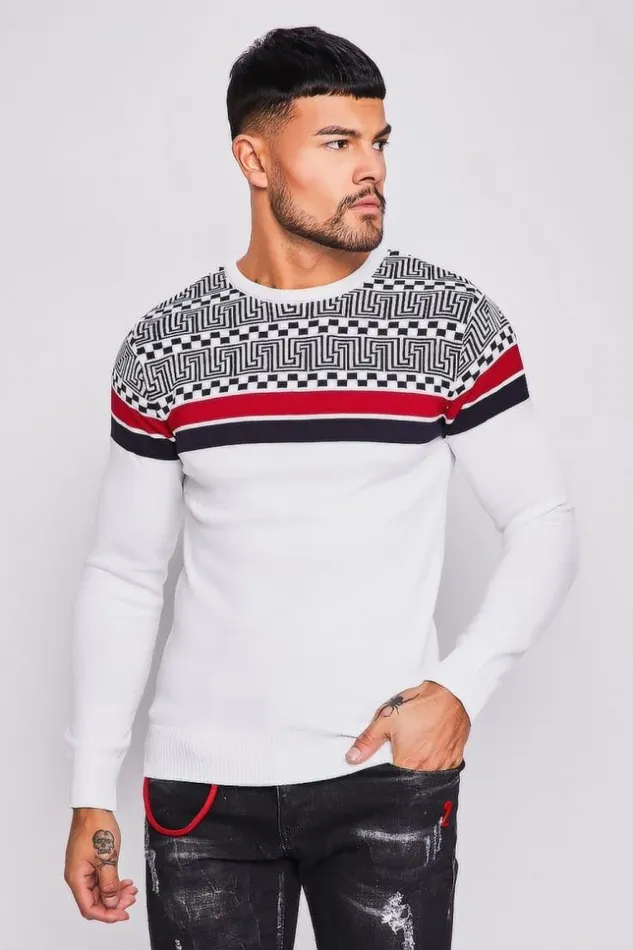 Men White Knit Sweater With Greek Patterns And Bands White Brentiny Paris Sweatshirts and Pullovers Men White Knit Sweater With Greek Patterns And Bands White Brentiny Paris Sweatshirts and Pullovers