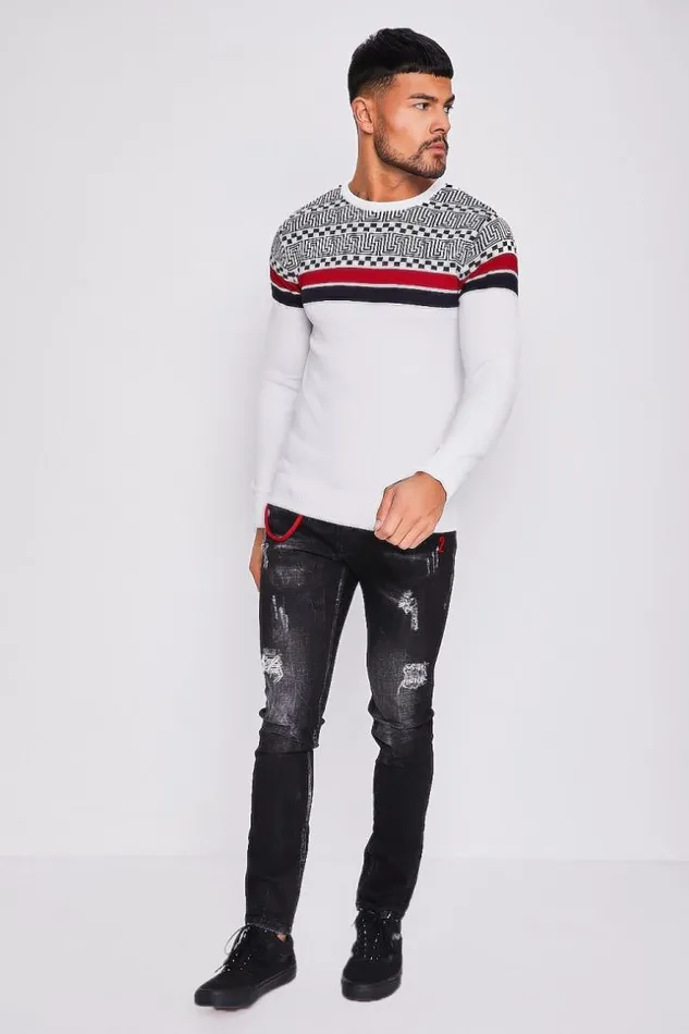 Men White Knit Sweater With Greek Patterns And Bands White Brentiny Paris Sweatshirts and Pullovers