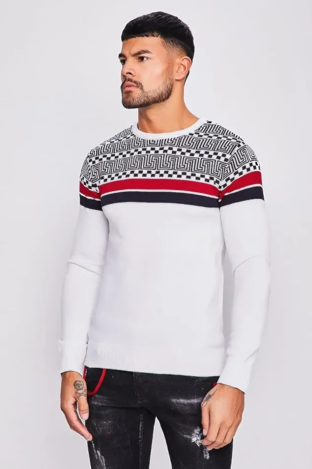Men White Knit Sweater With Greek Patterns And Bands White Brentiny Paris Sweatshirts and Pullovers