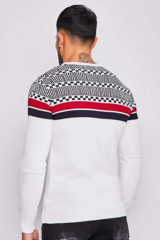 Men White Knit Sweater With Greek Patterns And Bands White Brentiny Paris Sweatshirts and Pullovers