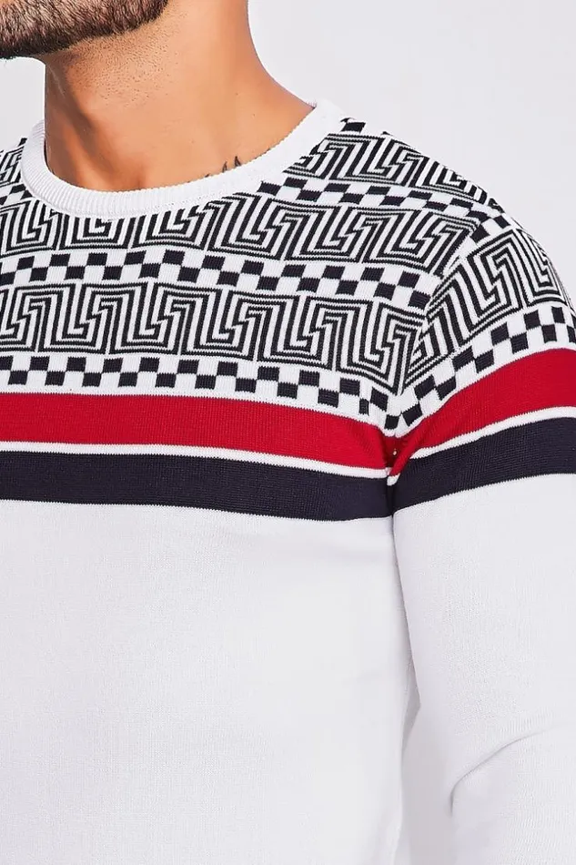 Men White Knit Sweater With Greek Patterns And Bands White Brentiny Paris Sweatshirts and Pullovers