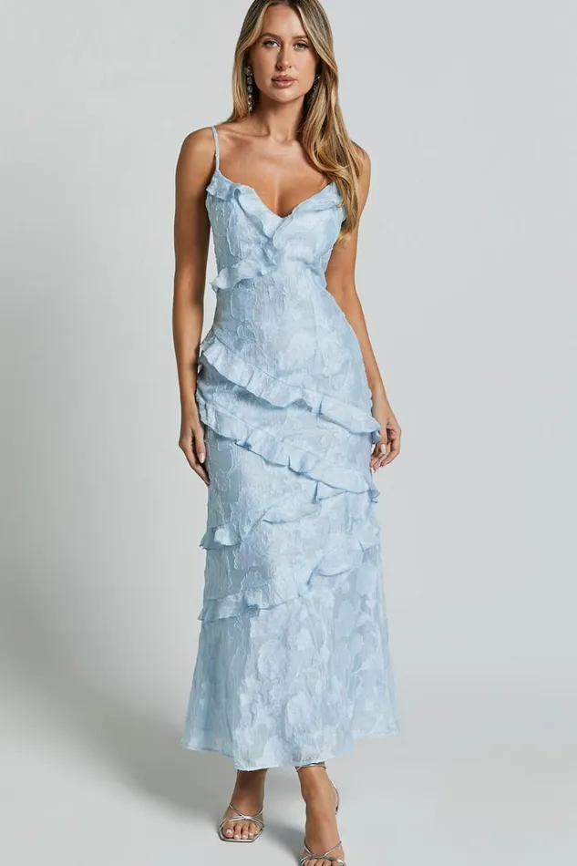 Michaela Midi Dress 8211 Jacquard Ruffle Detail Tiered Dress In Light Blue Women Showpo Dresses Michaela Midi Dress 8211 Jacquard Ruffle Detail Tiered Dress In Light Blue Women Showpo Dresses