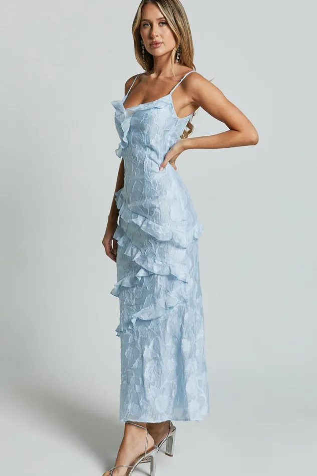 Michaela Midi Dress 8211 Jacquard Ruffle Detail Tiered Dress In Light Blue Women Showpo Dresses
