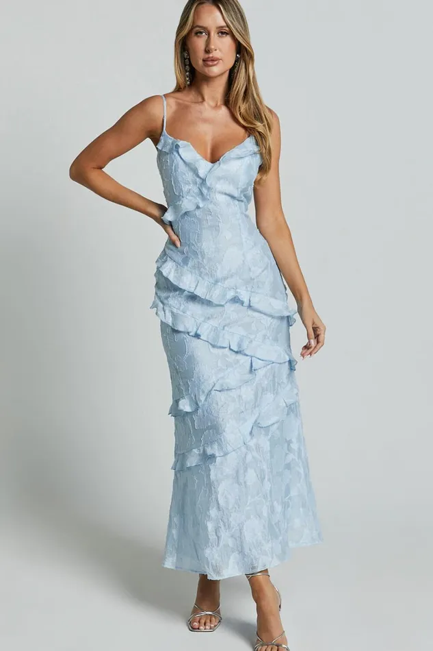 Michaela Midi Dress 8211 Jacquard Ruffle Detail Tiered Dress In Light Blue Women Showpo Dresses