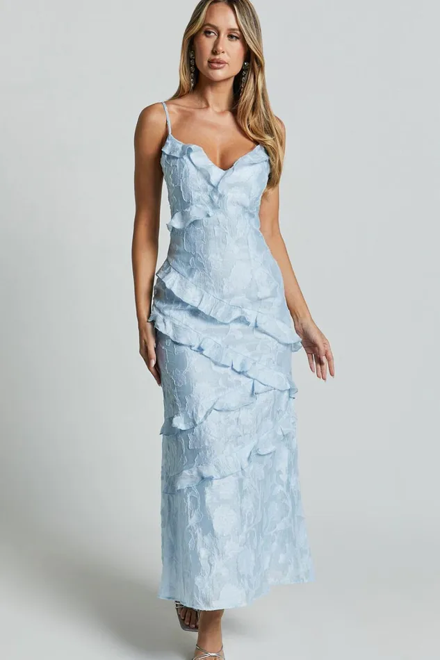 Michaela Midi Dress 8211 Jacquard Ruffle Detail Tiered Dress In Light Blue Women Showpo Dresses