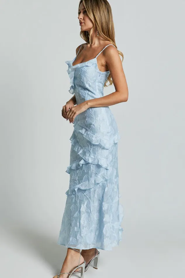 Michaela Midi Dress 8211 Jacquard Ruffle Detail Tiered Dress In Light Blue Women Showpo Dresses