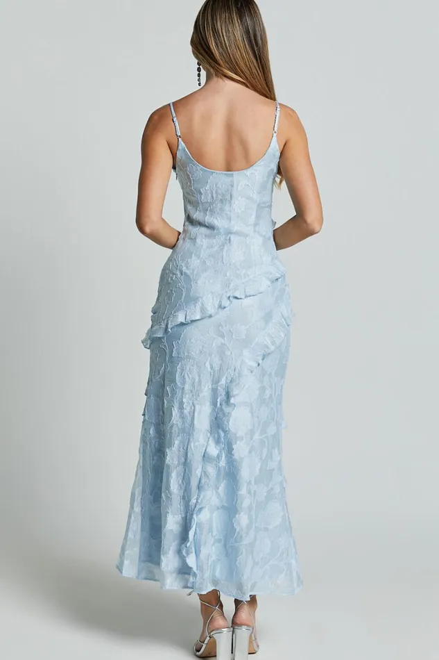 Michaela Midi Dress 8211 Jacquard Ruffle Detail Tiered Dress In Light Blue Women Showpo Dresses