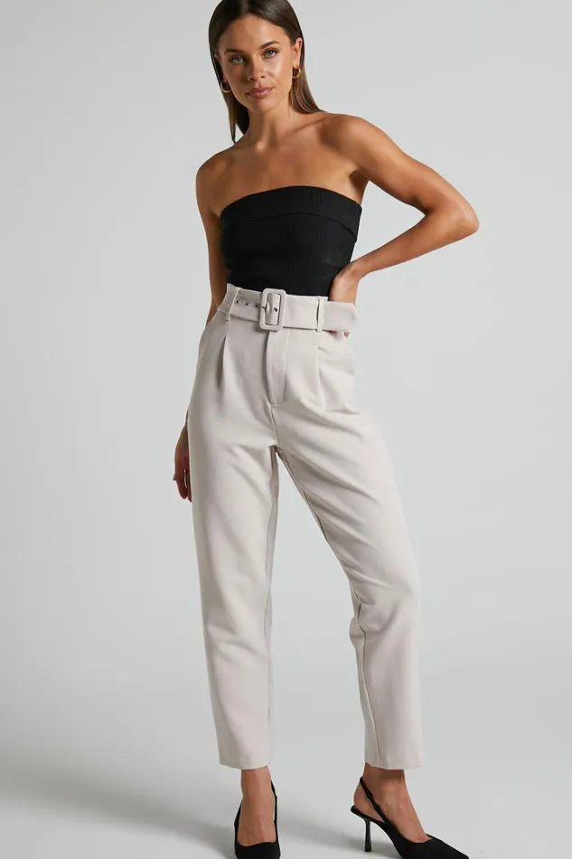 Milica Trousers 8211 Belted High Waisted Trousers In Beige Women Showpo Curve Clothes