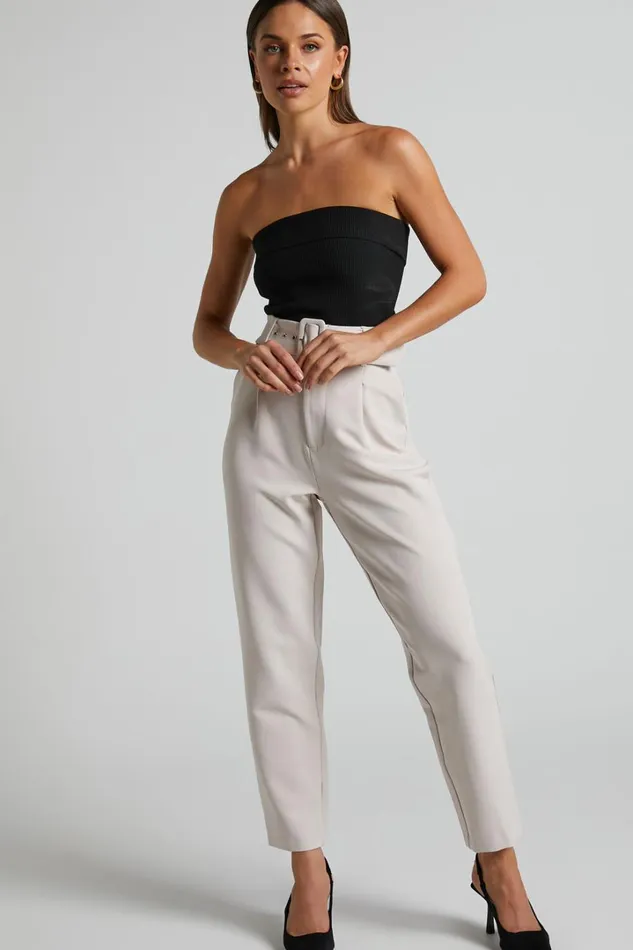 Milica Trousers 8211 Belted High Waisted Trousers In Beige Women Showpo Curve Clothes