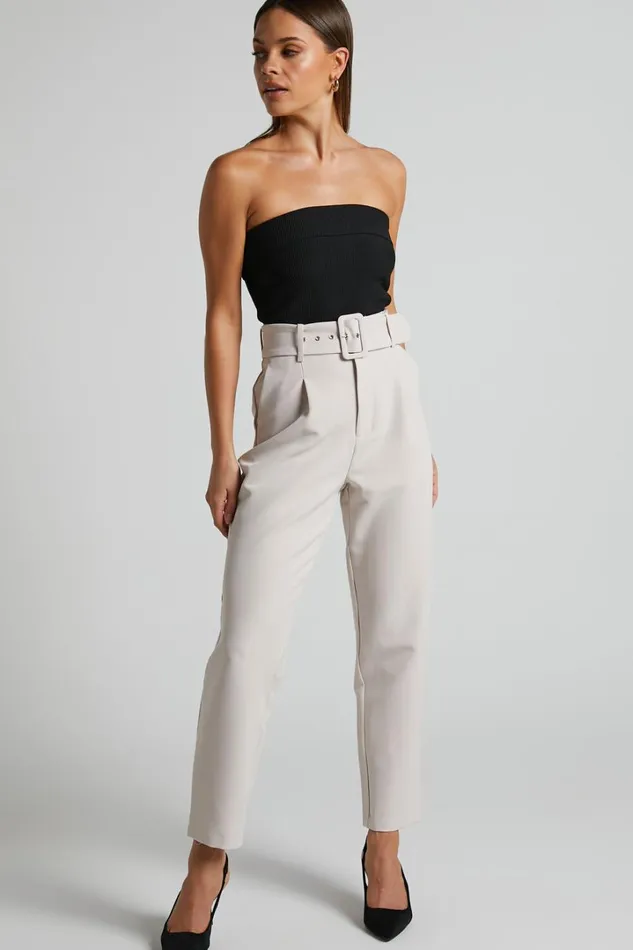Milica Trousers 8211 Belted High Waisted Trousers In Beige Women Showpo Curve Clothes